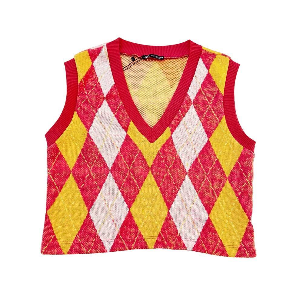 Zara Argyle Print V Neck Vest Multicolor Size M